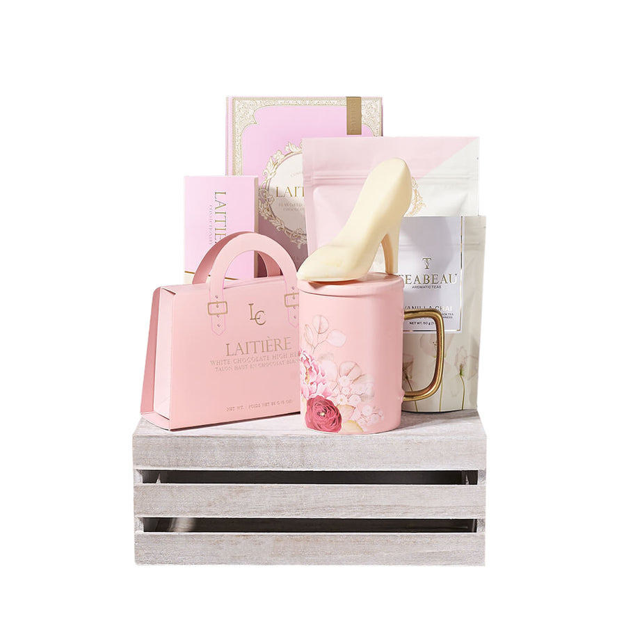Perfect Pink Chocolate & Tea Crate, chocolate gift, chocolate, gourmet gift, gourmet, macaron gift, macaron, tea gift, tea. Blooms Canada Delivery