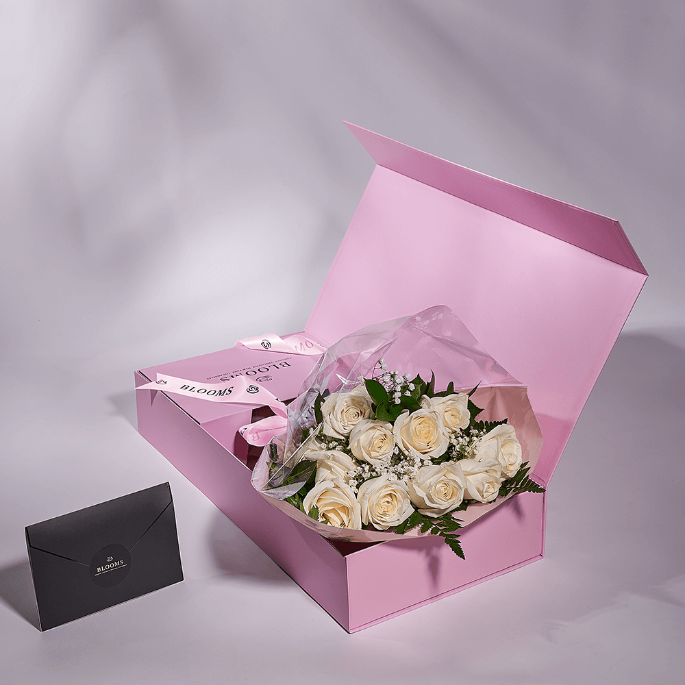 Enduring White Rose Bouquet & Box, floral gifts, rose gifts, gifts, roses, Toronto delivery