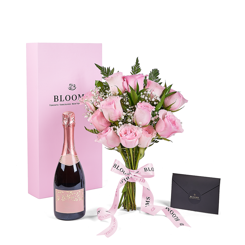 Mother’s Day 12 Stem Pink Rose Bouquet with Box & Champagne