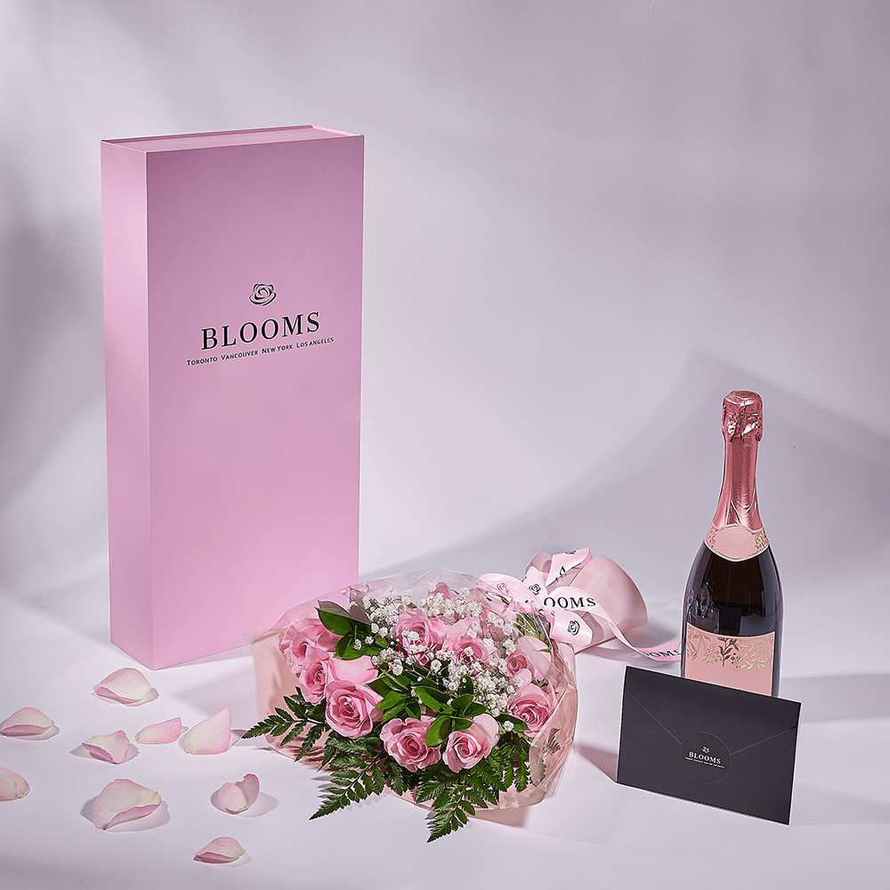 Mother’s Day 12 Stem Pink Rose Bouquet with Box & Champagne