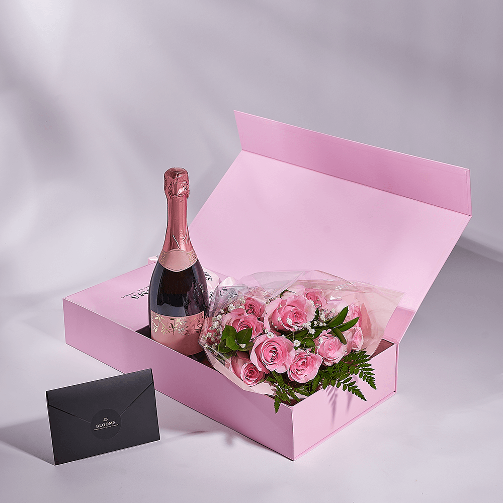 Mother’s Day 12 Stem Pink Rose Bouquet with Box & Champagne