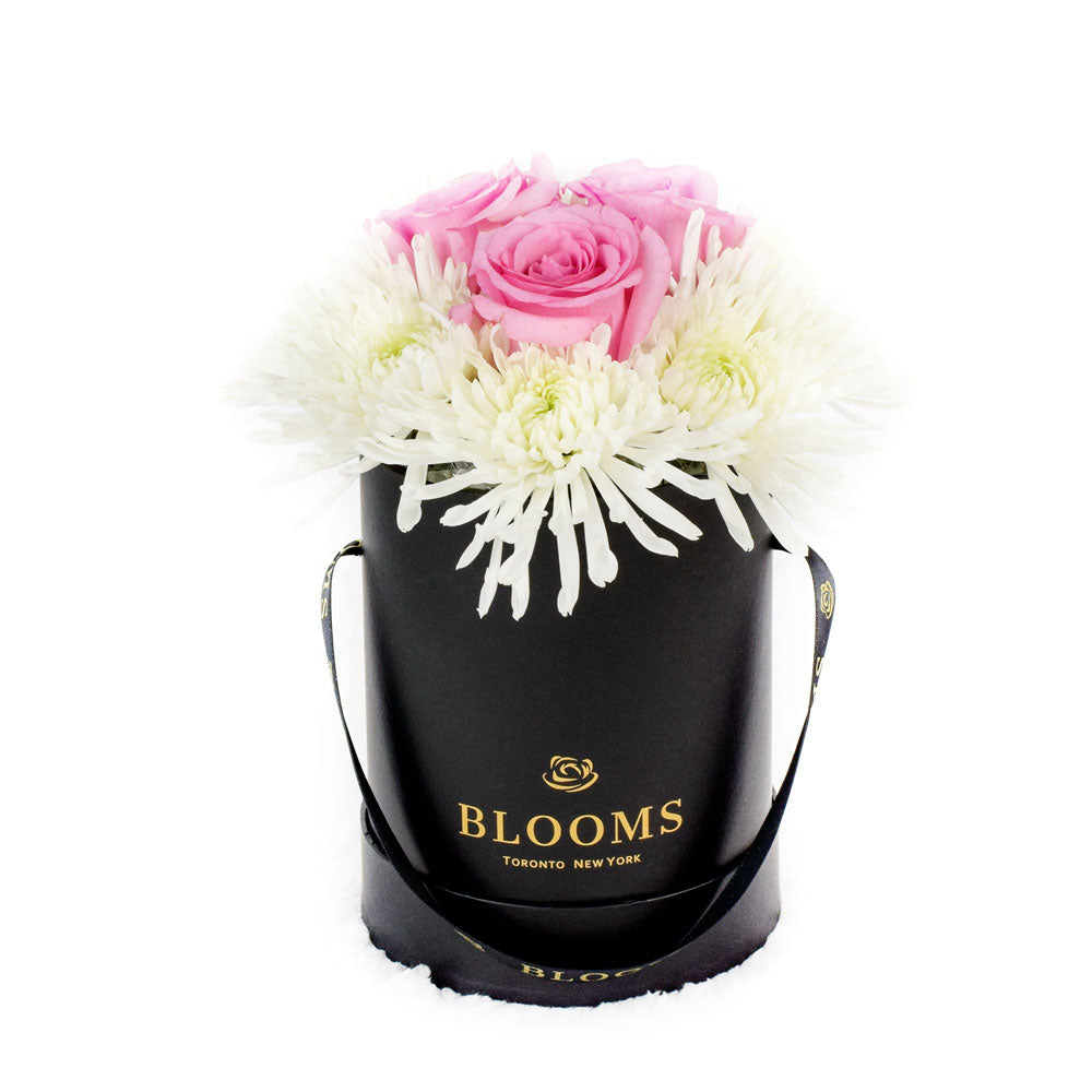 Simplistic Elegance Rose and Mum's Box Arrangement - Mixed Floral Hat Box - Same Day Toronto Delivery