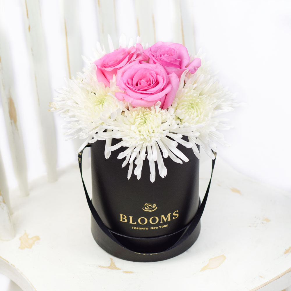 Simplistic Elegance Rose and Mum's Box Arrangement - Mixed Floral Hat Box - Same Day Toronto Delivery
