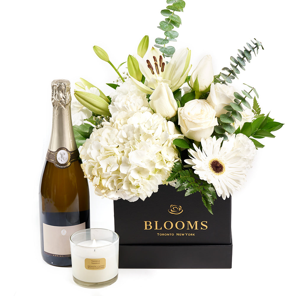 Heavenly Scents Flowers & Champagne Gift - Mixed Floral Arrangement, Wine and Candle Gift - Same Day Toronto Delivery