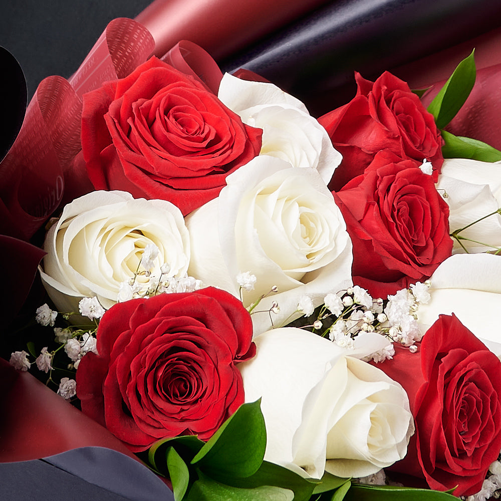 Valentine’s Day 12 Stem Red & White Rose Bouquet With Box & Wine, Valentine's Day gifts, roses, wine gifts, Toronto Same Day Flower Delivery
