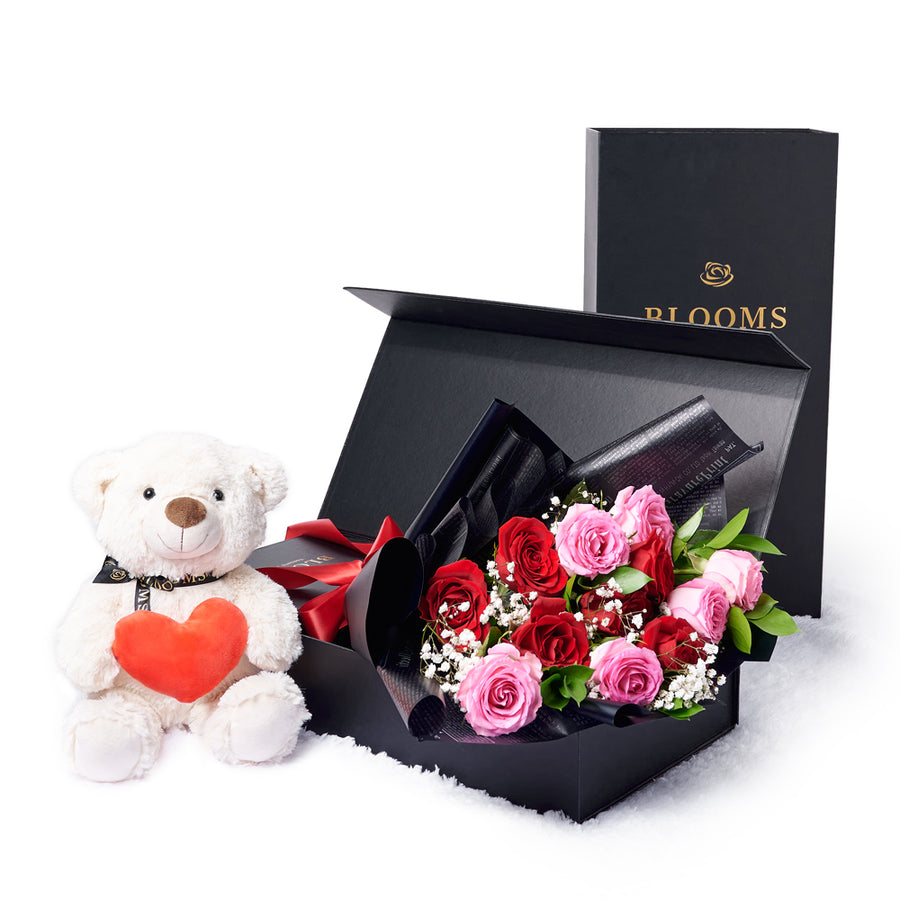 Valentine's Day 12 Stem Red & Pink Rose Bouquet With Box & Bear, Toronto Same Day Flower Delivery, Valentine's Day gifts, roses, plush gifts
