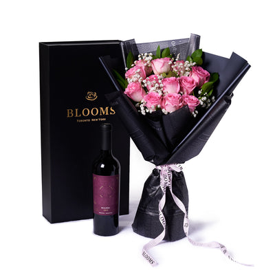 Valentine's Day 12 Stem Pink Rose Bouquet With Box & Wine, Toronto Same Day Flower Delivery, Valentine's Day gifts, rose gifts, pink roses, wine gifts