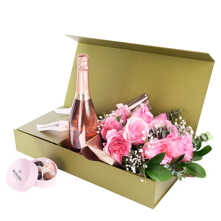 Mother’s Day Dozen Pink Rose Bouquet with Box, Champagne, & Chocolate – Mother’s Day Gifts– Toronto delivery