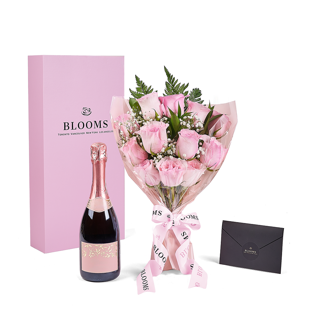 Mother’s Day 12 Stem Pink Rose Bouquet with Box & Champagne, champagne gift, champagne, sparkling wine gift, sparkling wine, mothers day gift, mothers day, Toronto delivery