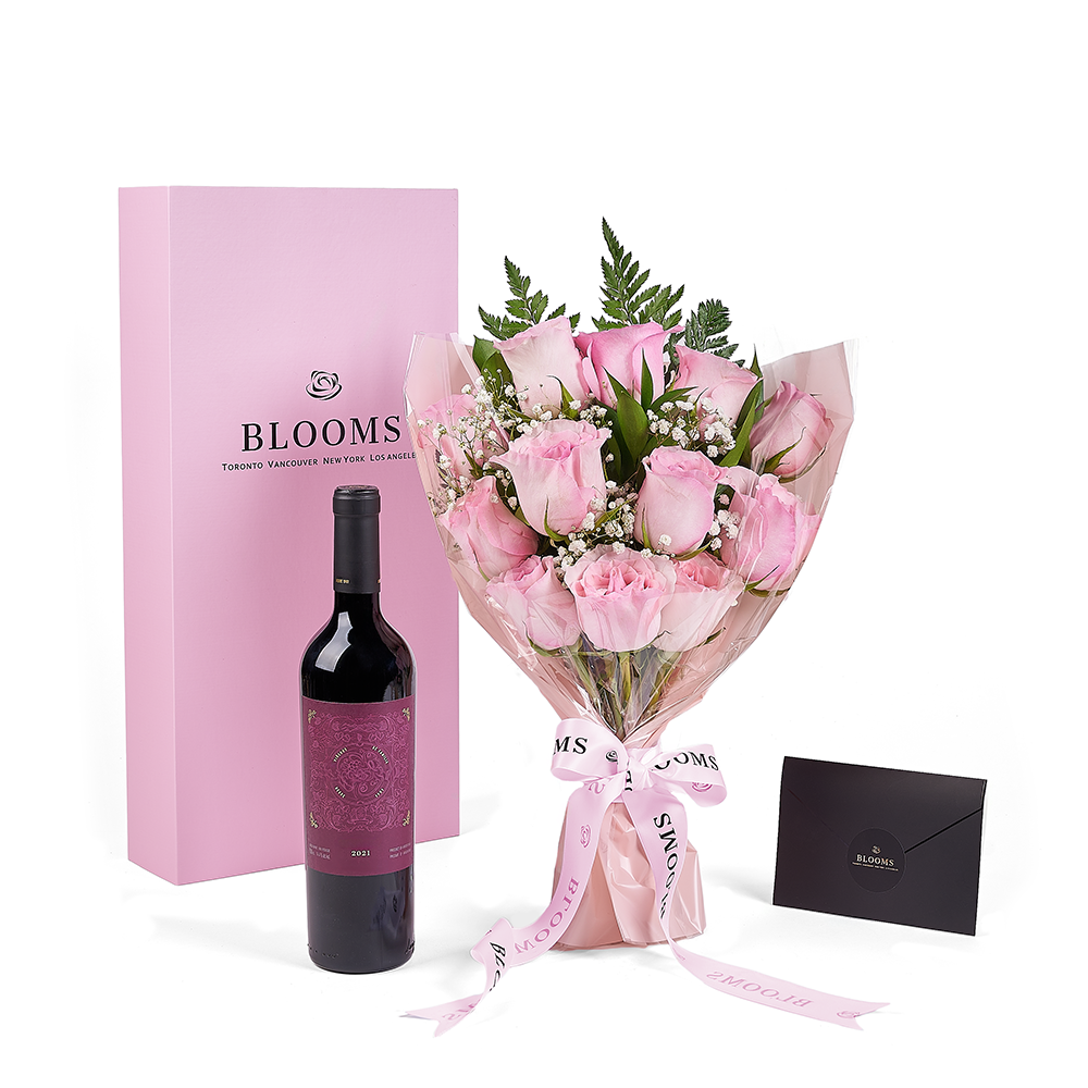 Mother’s Day 12 Stem Pink Rose Bouquet with Box & Wine, rose gift, rose, mothers day gift, mothers day, wine gift, wine, Toronto delivery