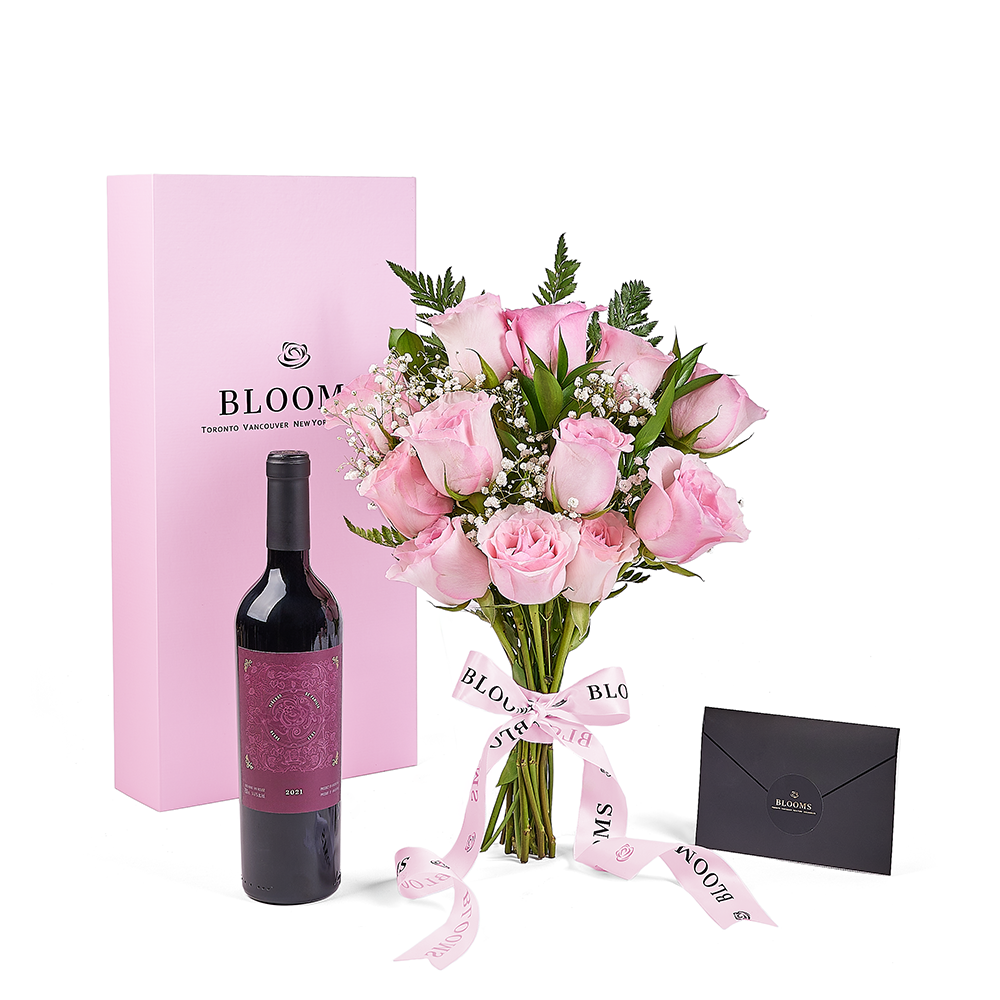 Mother’s Day 12 Stem Pink Rose Bouquet with Box & Wine, rose gift, rose, mothers day gift, mothers day, wine gift, wine, Toronto delivery