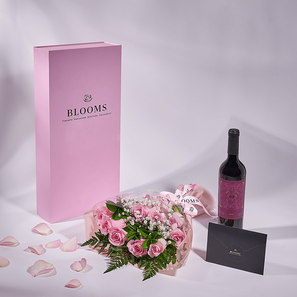 Mother’s Day 12 Stem Pink Rose Bouquet with Box & Wine, rose gift, rose, mothers day gift, mothers day, wine gift, wine, Toronto delivery