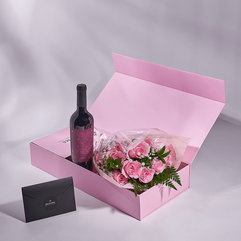Mother’s Day 12 Stem Pink Rose Bouquet with Box & Wine, rose gift, rose, mothers day gift, mothers day, wine gift, wine, Toronto delivery