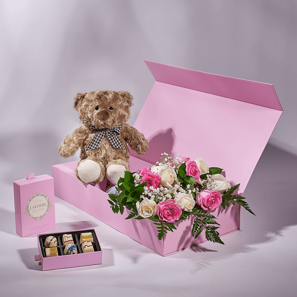 Mother’s Day 12 Stem Pink & White Rose Bouquet with Box, Bear, & Chocolate, mothers day gift, mothers day, plush gift, plush, rose gift, rose, Toronto delivery