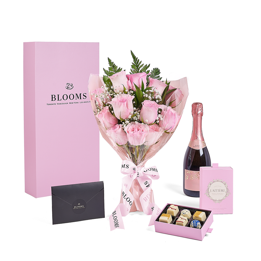 Mother’s Day Dozen Pink Rose Bouquet with Box, Champagne, & Chocolate, champagne gift, champagne, sparkling wine gift, sparkling wine, mothers day gift, mothers day, Toronto delivery