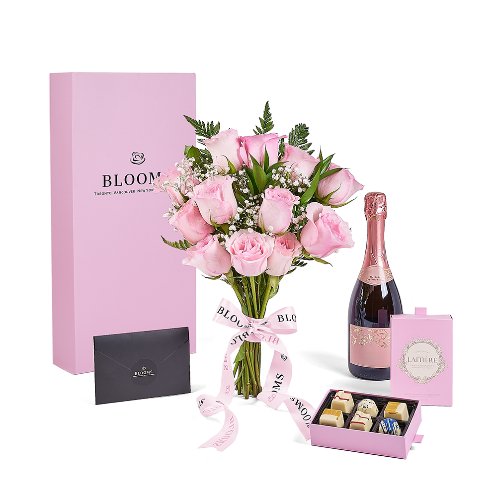 Mother’s Day Dozen Pink Rose Bouquet with Box, Champagne, & Chocolate, champagne gift, champagne, sparkling wine gift, sparkling wine, mothers day gift, mothers day, Toronto delivery