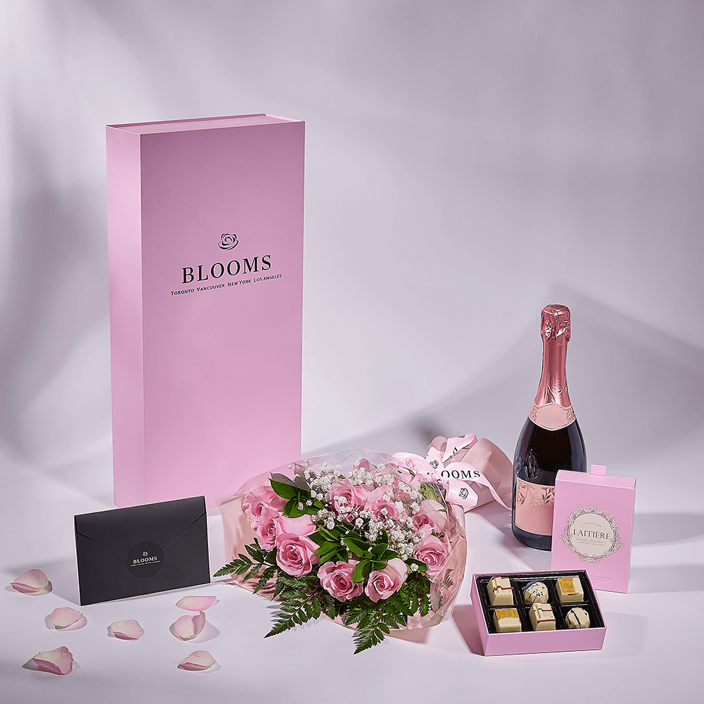 Mother’s Day Dozen Pink Rose Bouquet with Box, Champagne, & Chocolate, champagne gift, champagne, sparkling wine gift, sparkling wine, mothers day gift, mothers day, Toronto delivery