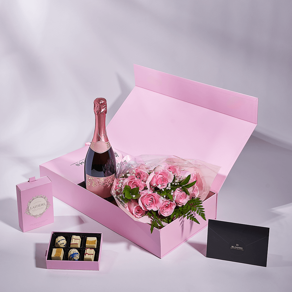 Mother’s Day Dozen Pink Rose Bouquet with Box, Champagne, & Chocolate, champagne gift, champagne, sparkling wine gift, sparkling wine, mothers day gift, mothers day, Toronto delivery