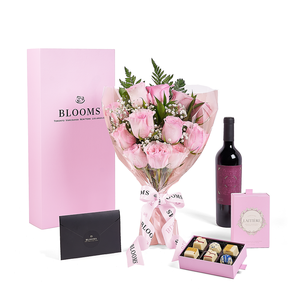Mother’s Day Dozen Pink Rose Bouquet with Box, Wine, &amp; Chocolate, rose gift, rose, mothers day gift, mothers day, wine gift, wine, Toronto delivery