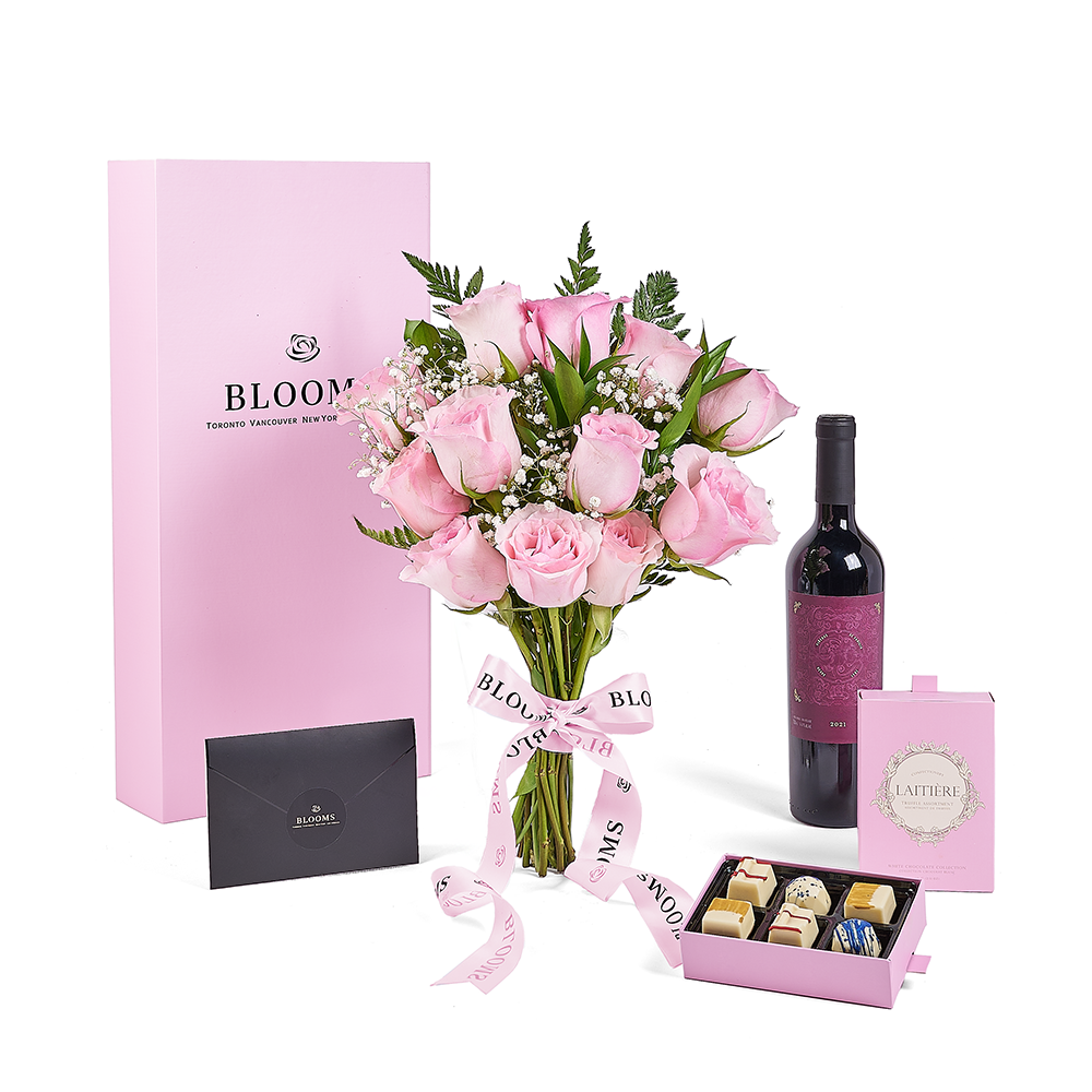 Mother’s Day Dozen Pink Rose Bouquet with Box, Wine, & Chocolate, rose gift, rose, mothers day gift, mothers day, wine gift, wine, Toronto delivery
