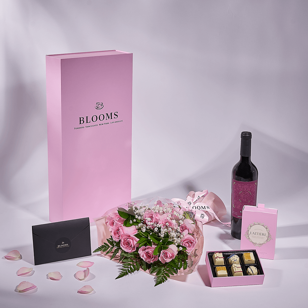 Mother’s Day Dozen Pink Rose Bouquet with Box, Wine, & Chocolate, rose gift, rose, mothers day gift, mothers day, wine gift, wine, Toronto delivery