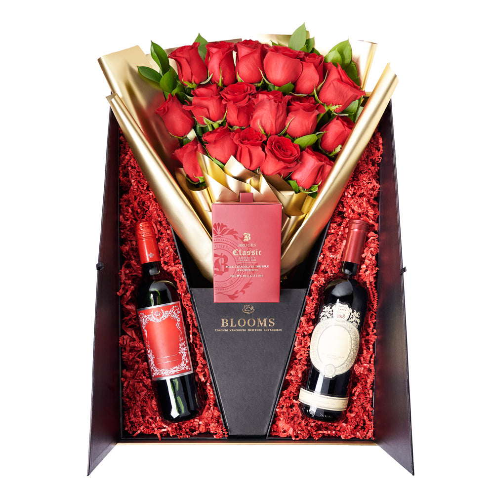 Opulent Affection Rose Bouquet & Wine Gift, wine gift, wine, gourmet gift, gourmet, rose gift, rose, chocolate gift, chocolate