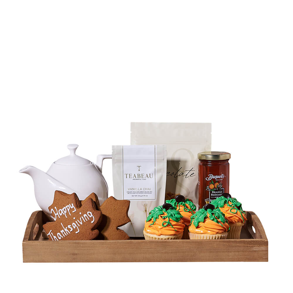 Thanksgiving Tea Time Gift Tray, thanksgiving gift, thanksgiving, fall gift, fall, cupcake gift, cupcake, gourmet gift, gourmet, tea gift, tea