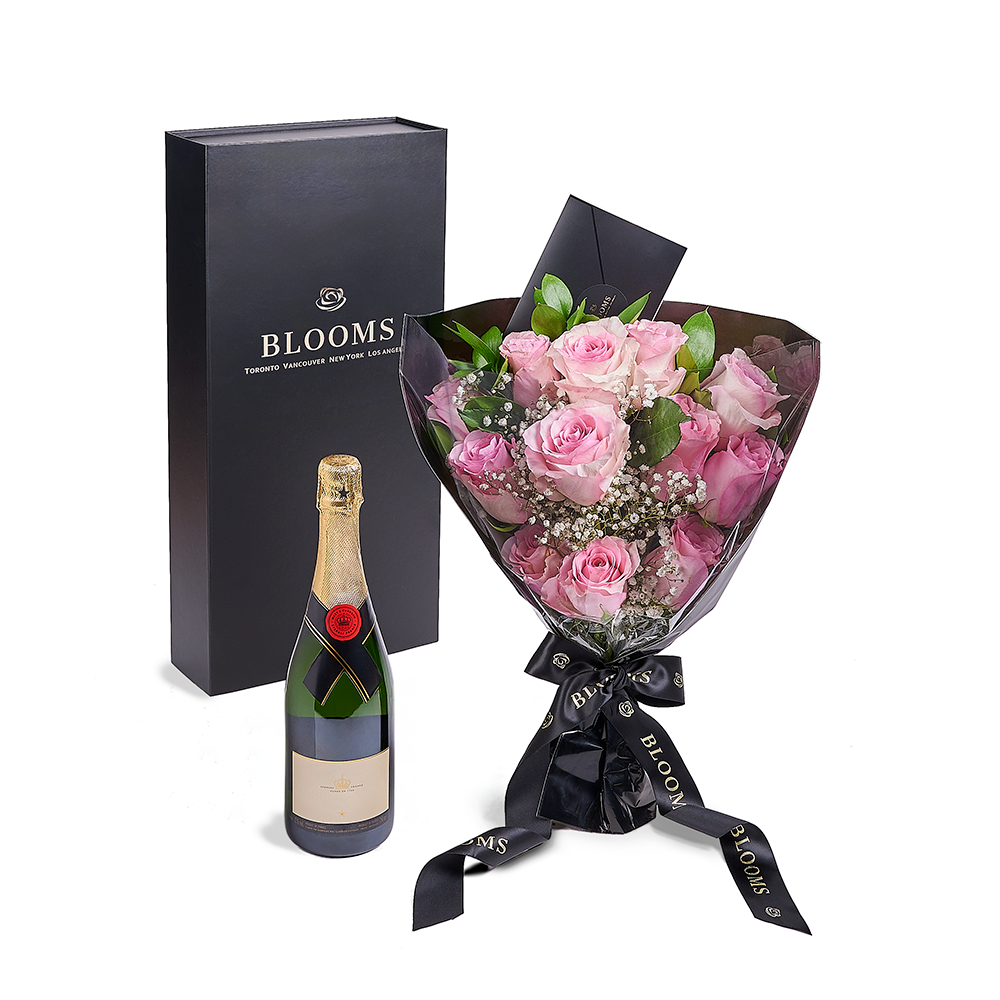 Valentine's Day 12 Stem Pink Rose Bouquet With Box & Champagne, Valentine's Day gifts, Toronto Same Day Flower Delivery