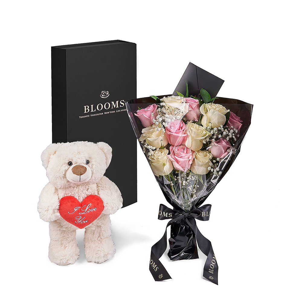 Valentine's Day 12 Stem Pink &amp; White Rose Bouquet With Box &amp; Bear, rose gift, rose, valentines day gift, valentines day, plush gift, plush, bear gift, bear, Toronto delivery