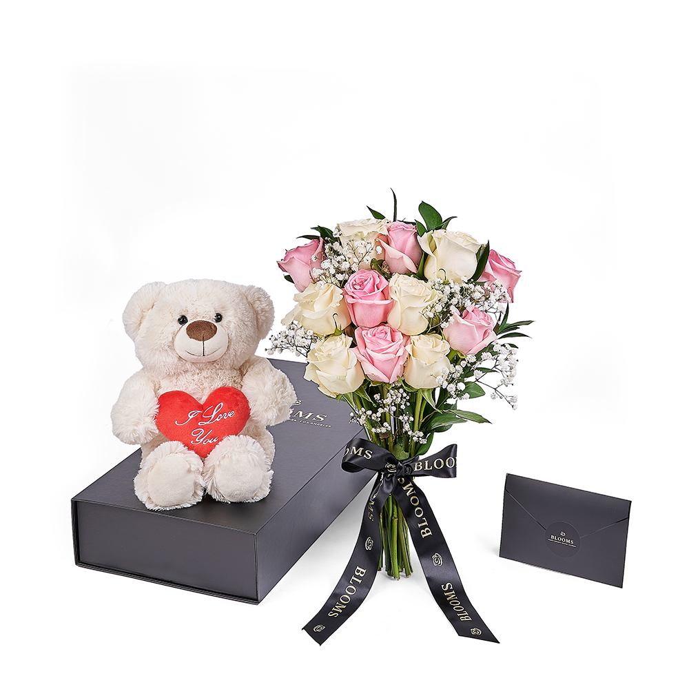 Valentine's Day 12 Stem Pink & White Rose Bouquet With Box & Bear, rose gift, rose, valentines day gift, valentines day, plush gift, plush, bear gift, bear, Toronto delivery