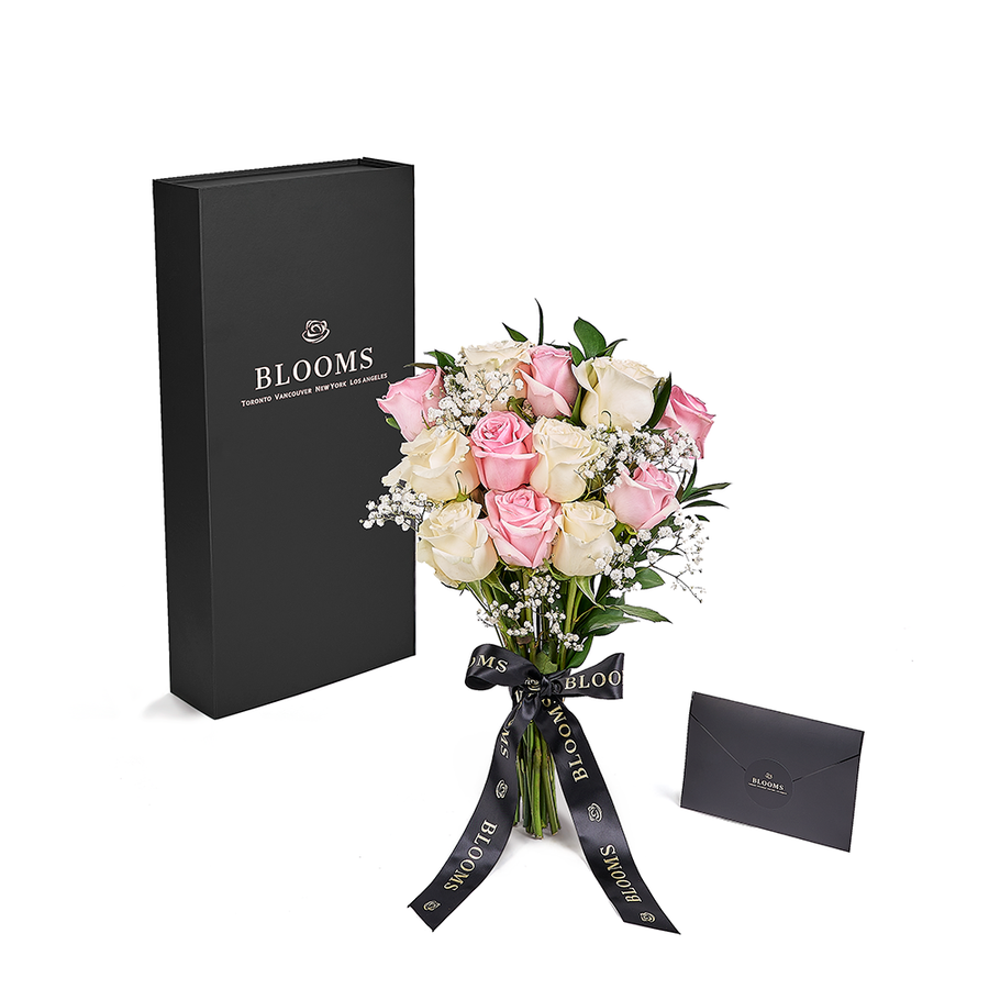 Valentine's Day 12 Stem Pink & White Rose Bouquet & Box