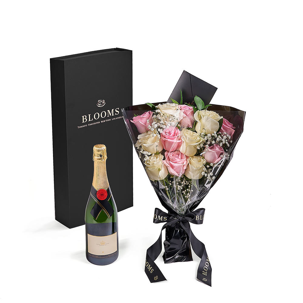 Valentine's Day 12 Stem Pink &amp; White Rose Bouquet with Box &amp; Champagne, valentines day gift, valentines day, rose gift, rose, champagne gift, champagne, Toronto delivery