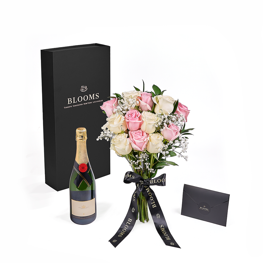 Valentine's Day 12 Stem Pink & White Rose Bouquet with Box & Champagne