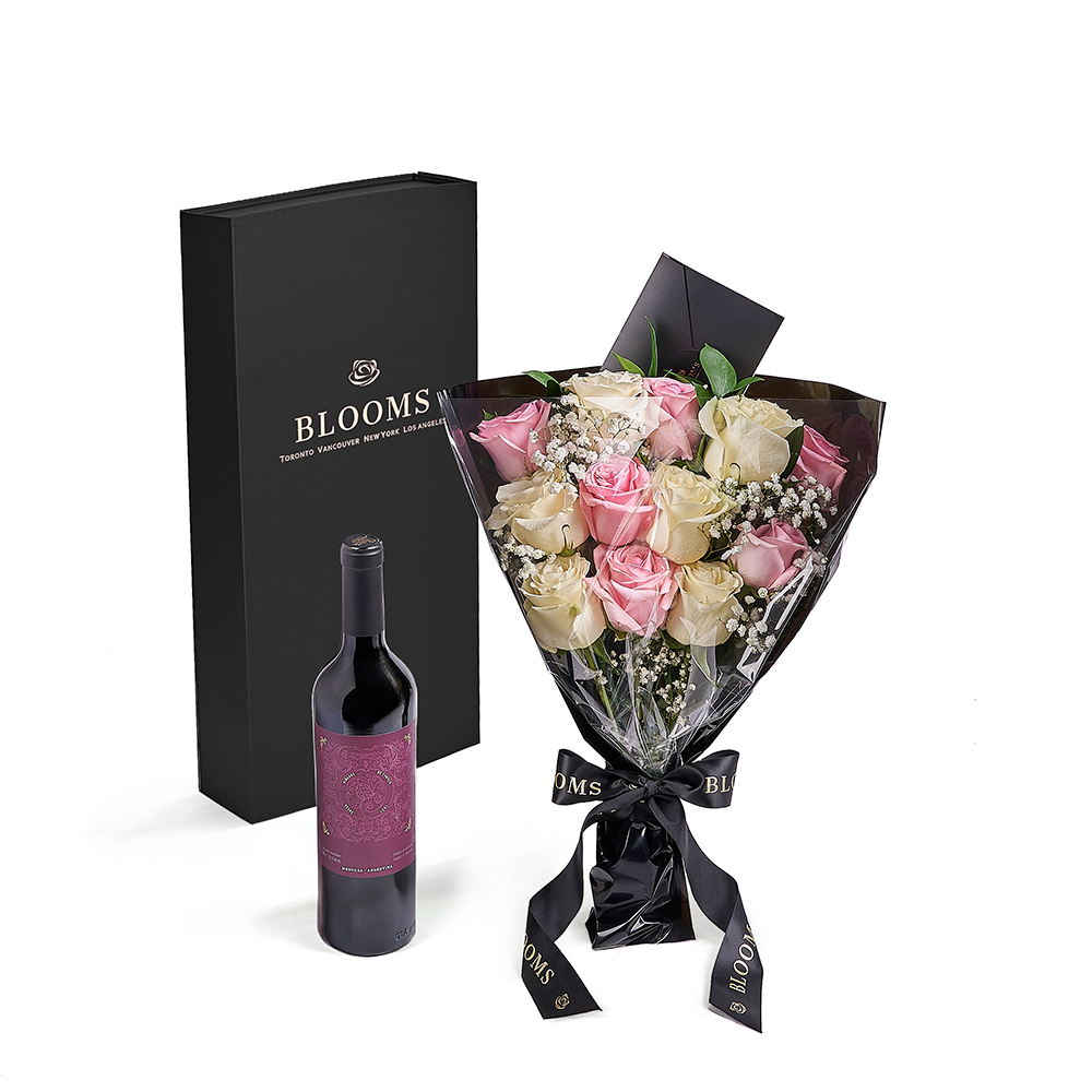 Valentine's Day 12 Stem Pink &amp; White Rose Bouquet with Box &amp; Wine, valentines day gift, valentines day, rose gift, rose, wine gift, wine, Toronto delivery