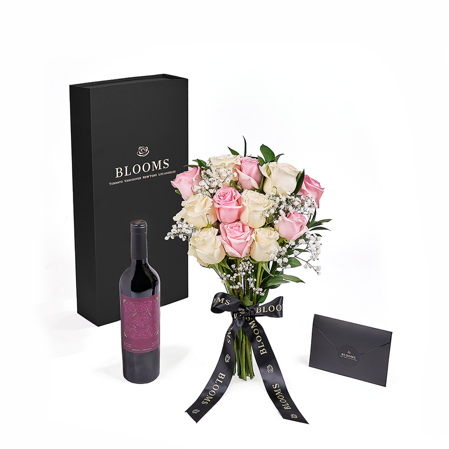 Valentine's Day 12 Stem Pink & White Rose Bouquet with Box & Wine