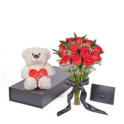 Valentine's Day 12 Stem Red Rose Bouquet With Box & Bear, plush, roses, Valentine's day gifts, Toronto Same Day Flower Delivery