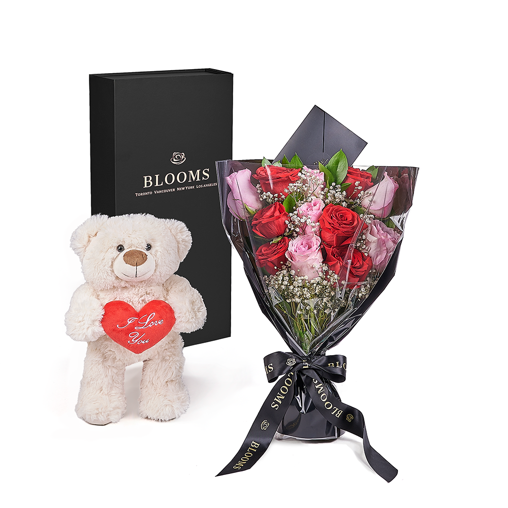 Valentine's Day 12 Stem Red &amp; Pink Rose Bouquet With Box &amp; Bear, Toronto Same Day Flower Delivery, Valentine's Day gifts, roses, plush gifts