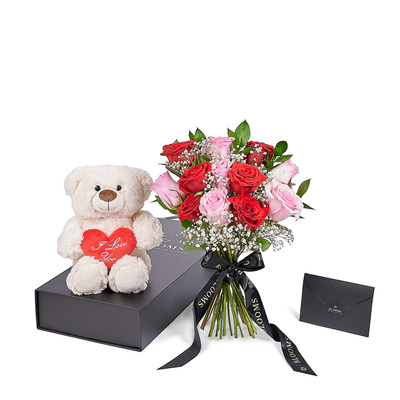 Valentine's Day 12 Stem Red & Pink Rose Bouquet With Box & Bear, Toronto Same Day Flower Delivery, Valentine's Day gifts, roses, plush gifts