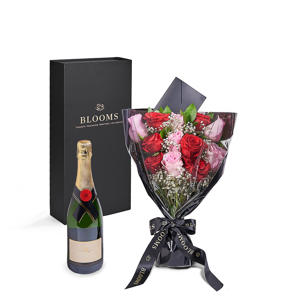 Valentine’s Day 12 Stem Red &amp; Pink Rose Bouquet With Box &amp; Champagne, Toronto Same Day Flower Delivery, Valentine's Day gifts, roses