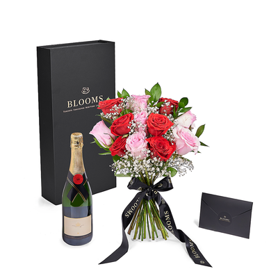 Valentine’s Day 12 Stem Red & Pink Rose Bouquet With Box & Champagne, Toronto Same Day Flower Delivery, Valentine's Day gifts, roses