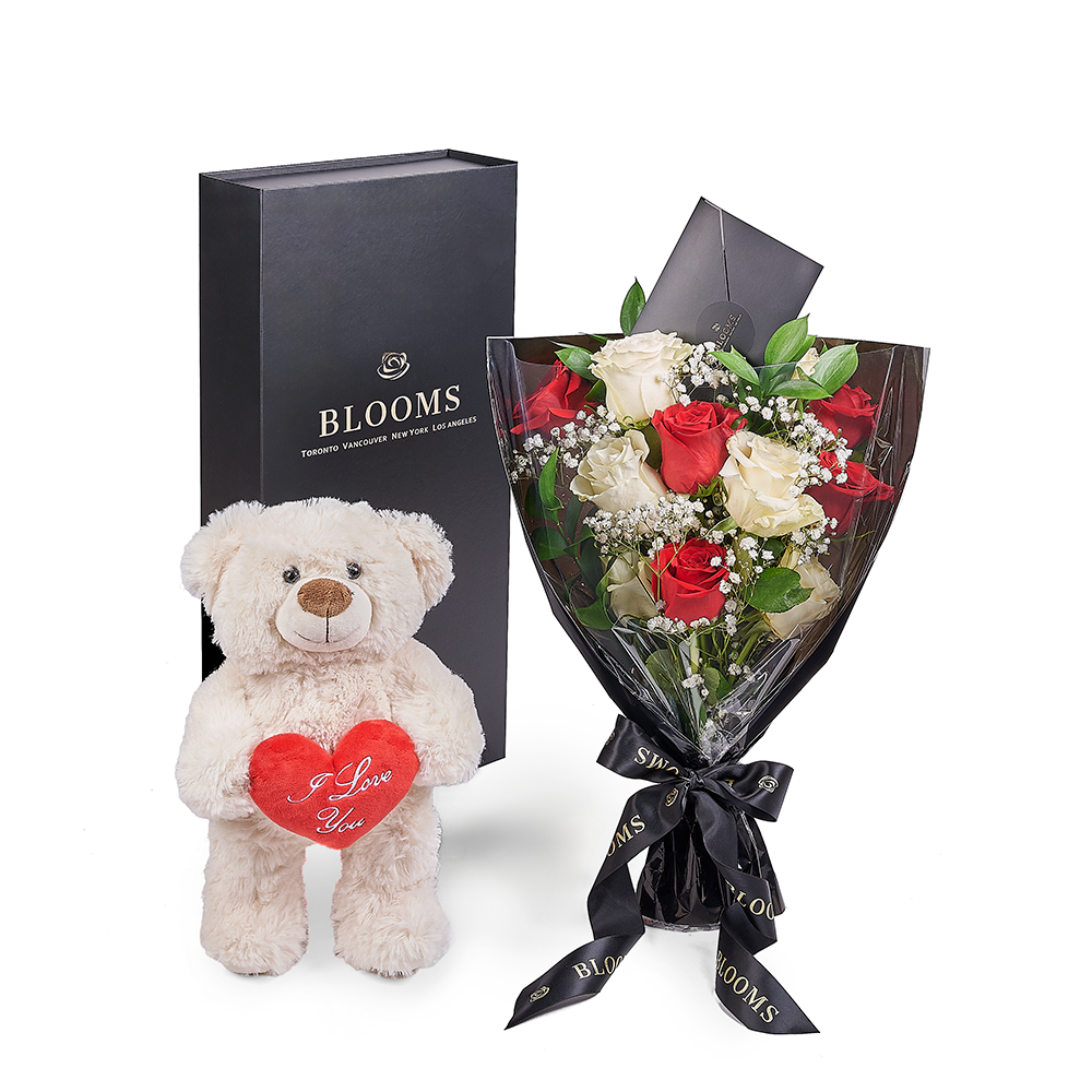 Valentine's Day 12 Stem Red &amp; White Bouquet With Box &amp; Bear, Toronto Same Day Flower Delivery, Valentine's Day gifts, roses, plush gifts