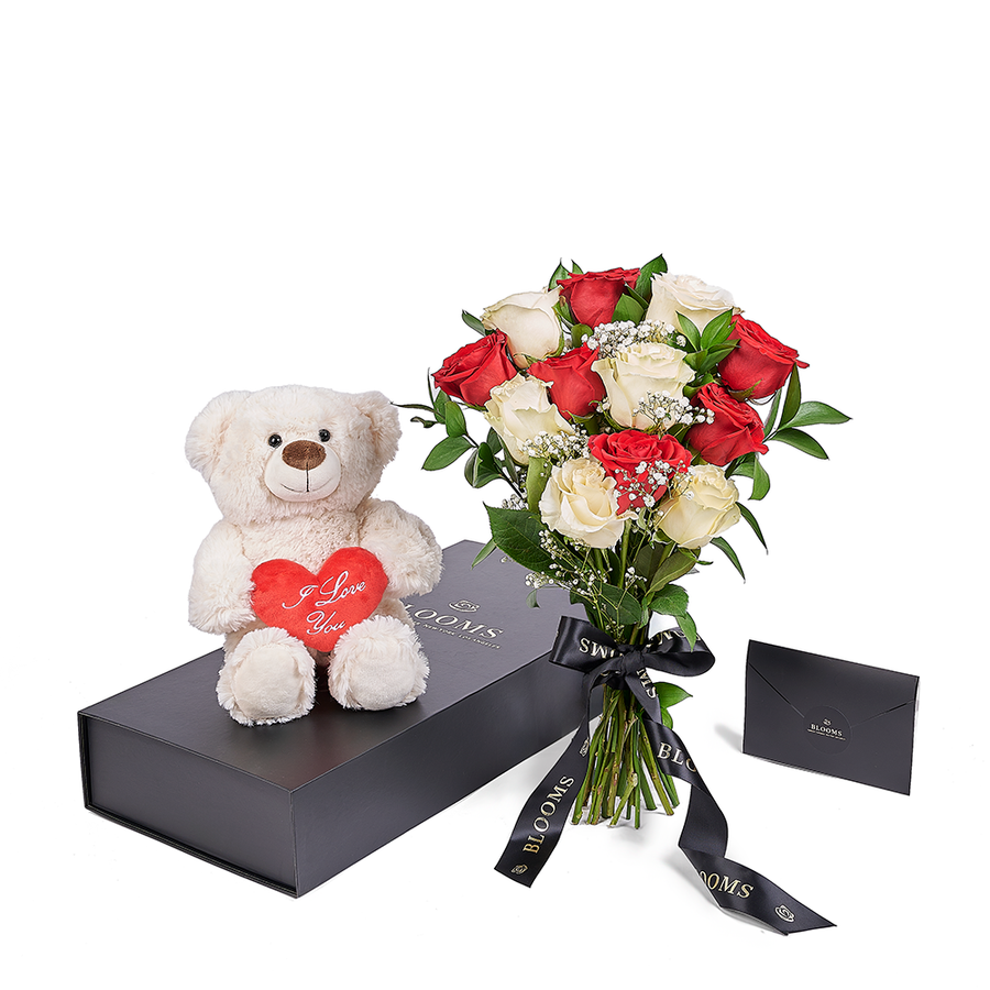 Valentine's Day 12 Stem Red & White Bouquet With Box & Bear, Toronto Same Day Flower Delivery, Valentine's Day gifts, roses, plush gifts