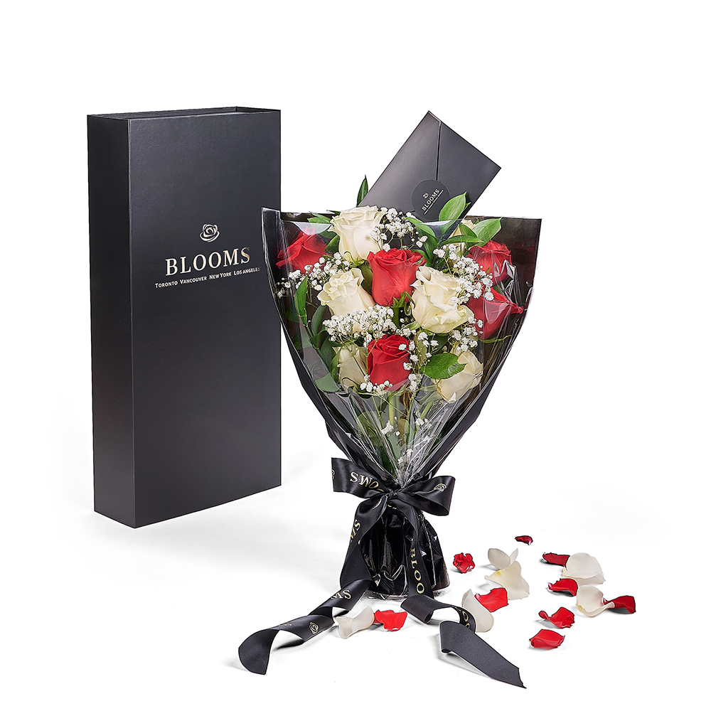 Valentine's Day 12 Stem Red &amp; White Rose Bouquet With Box, Toronto Same Day Flower Delivery, Valentine's Day gifts, roses