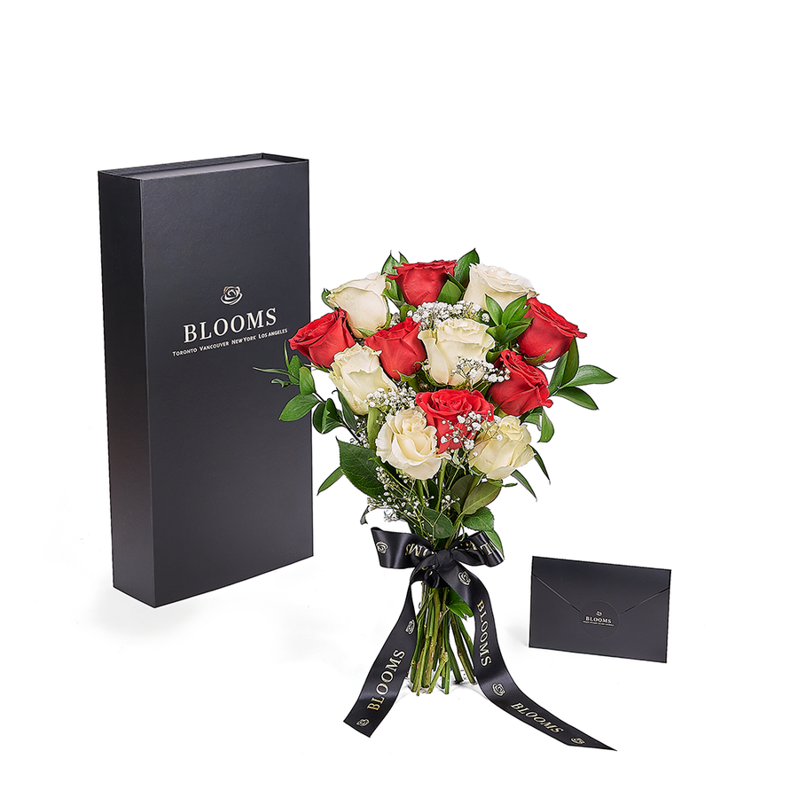 Valentine's Day 12 Stem Red & White Rose Bouquet With Box, Toronto Same Day Flower Delivery, Valentine's Day gifts, roses