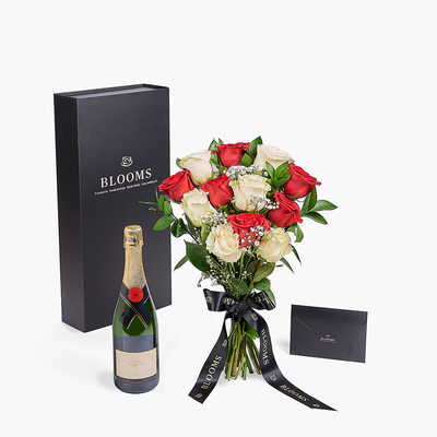 Valentine's Day 12 Stem Red & White Rose Bouquet With Box & Champagne, Valentine's Day gifts, roses, champagne gifts, Toronto Same Day Flower Delivery