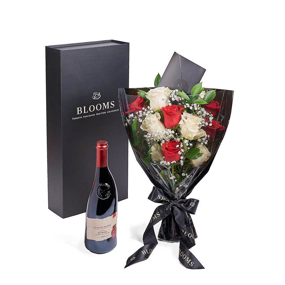 Valentine’s Day 12 Stem Red &amp; White Rose Bouquet With Box &amp; Wine, Valentine's Day gifts, roses, wine gifts, Toronto Same Day Flower Delivery