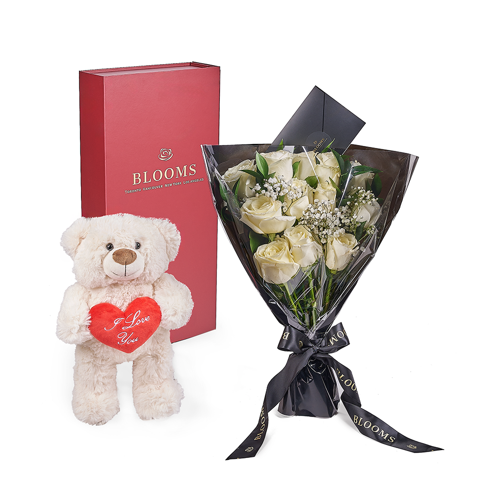 Valentine’s Day 12 Stem White Rose Bouquet With Box &amp; Bear, Valentine's Day gifts, plush gifts, roses gifts, Toronto Same Day Flower Delivery