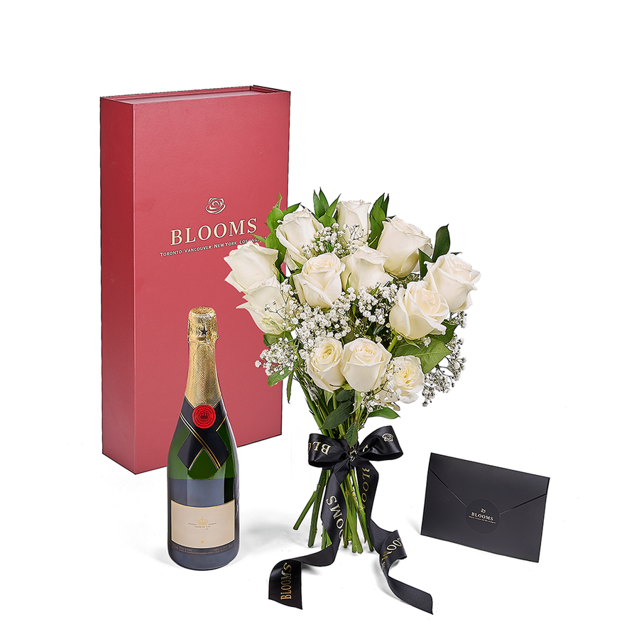 Valentine’s Day 12 Stem White Rose Bouquet With Box & Champagne