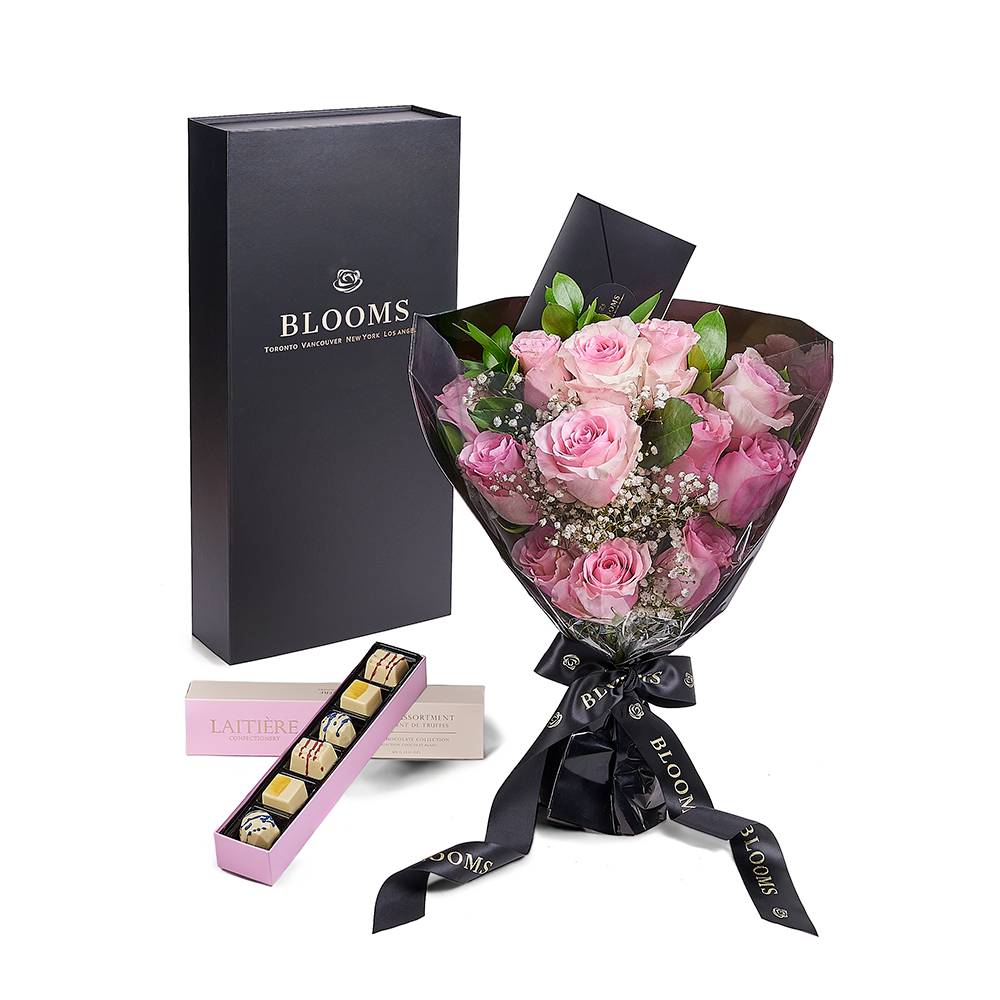 Valentine’s Day Dozen Pink Rose Bouquet With Box &amp; Chocolate, Toronto Same Day Flower Delivery, Valentine's Day gifts, bouquets, pink roses