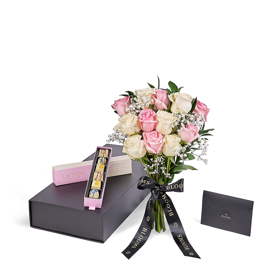 Valentine’s Day Dozen Pink & White Rose Bouquet With Box & Chocolate